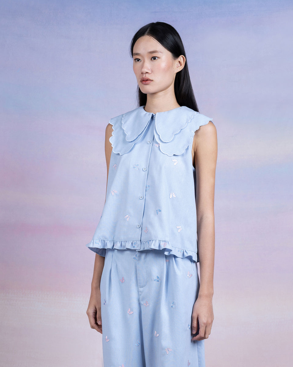 DISAYA | Sky Linen Top with Butterfly Collar
