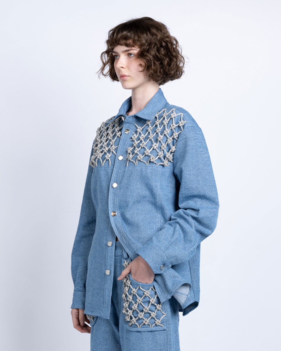 DISAYA | Light Blue Denim jacket with crystal Macrame