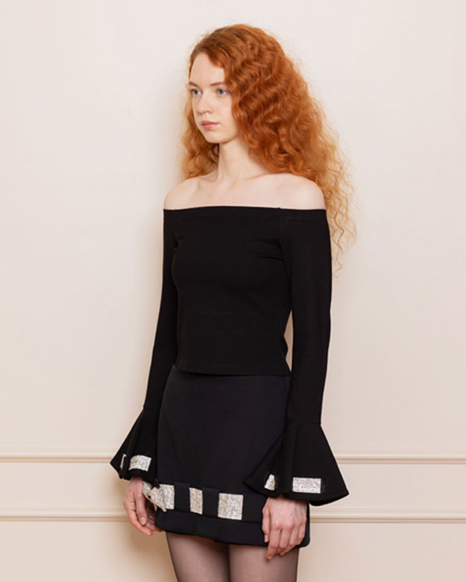 DISAYA | Black Dazzle Ribbon-Off-Shoulder Long Sleeve Top